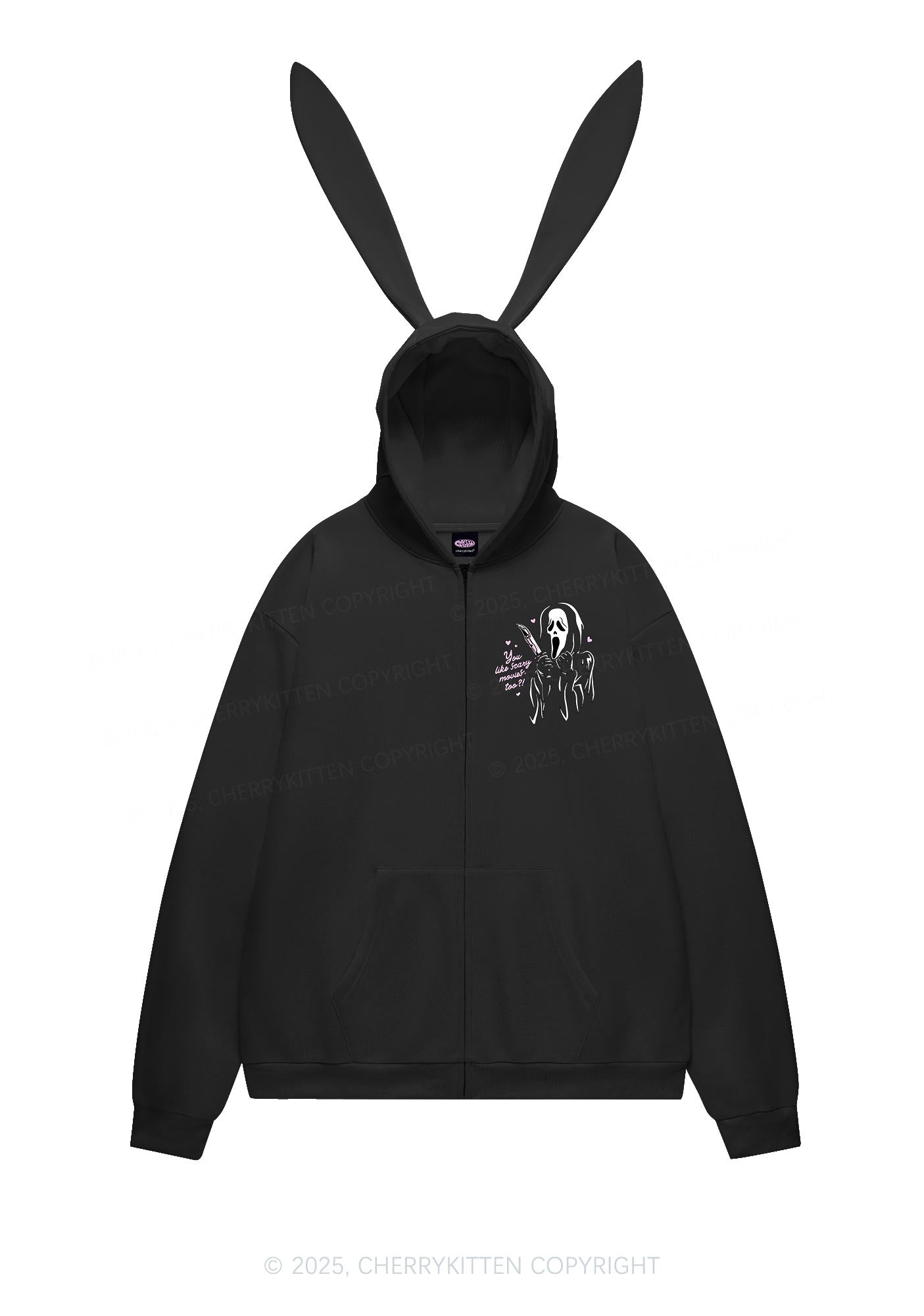 Halloween You Like Scary Movies Too Y2K Bunny Ear Zip Hoodie Cherrykitten