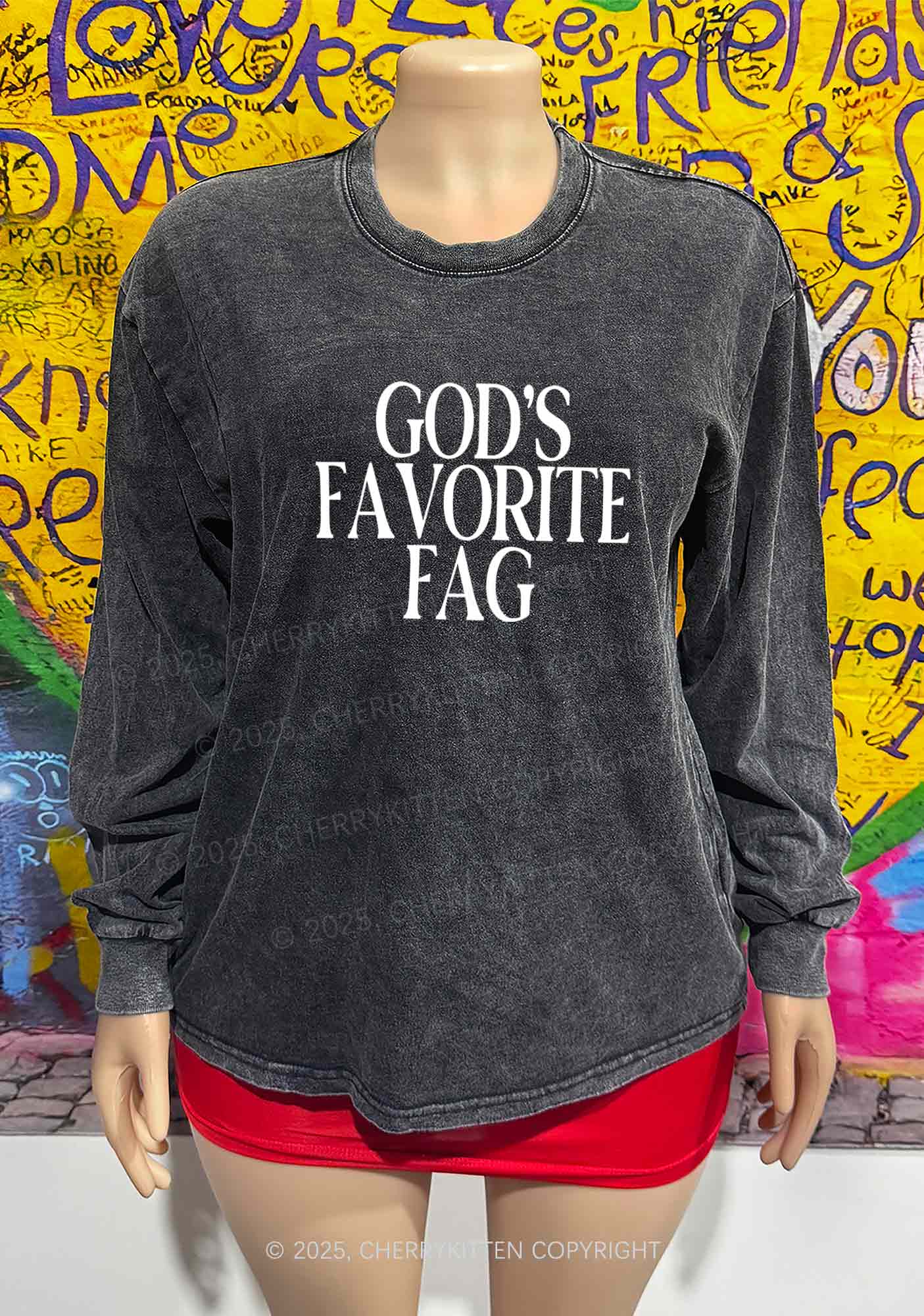 Gods Favorite Fag Pride Y2K Washed Long Sleeves Cherrykitten