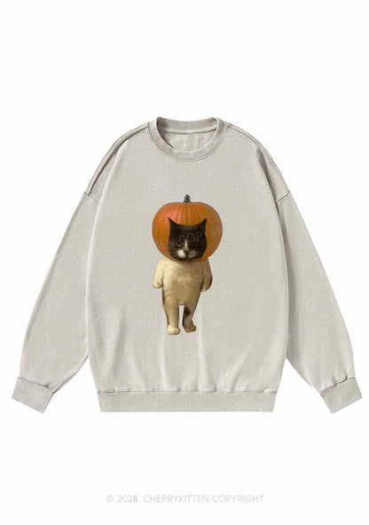 Halloween Pumpkin Head Cat Y2K Washed Sweatshirts Cherrykitten