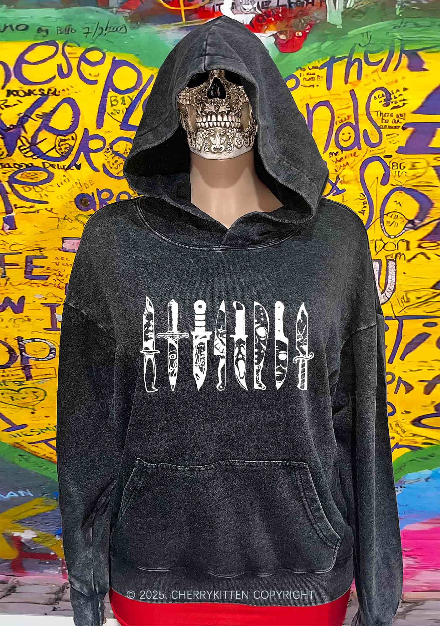 Halloween Grimace Daggers Y2K Washed Hoodie Cherrykitten