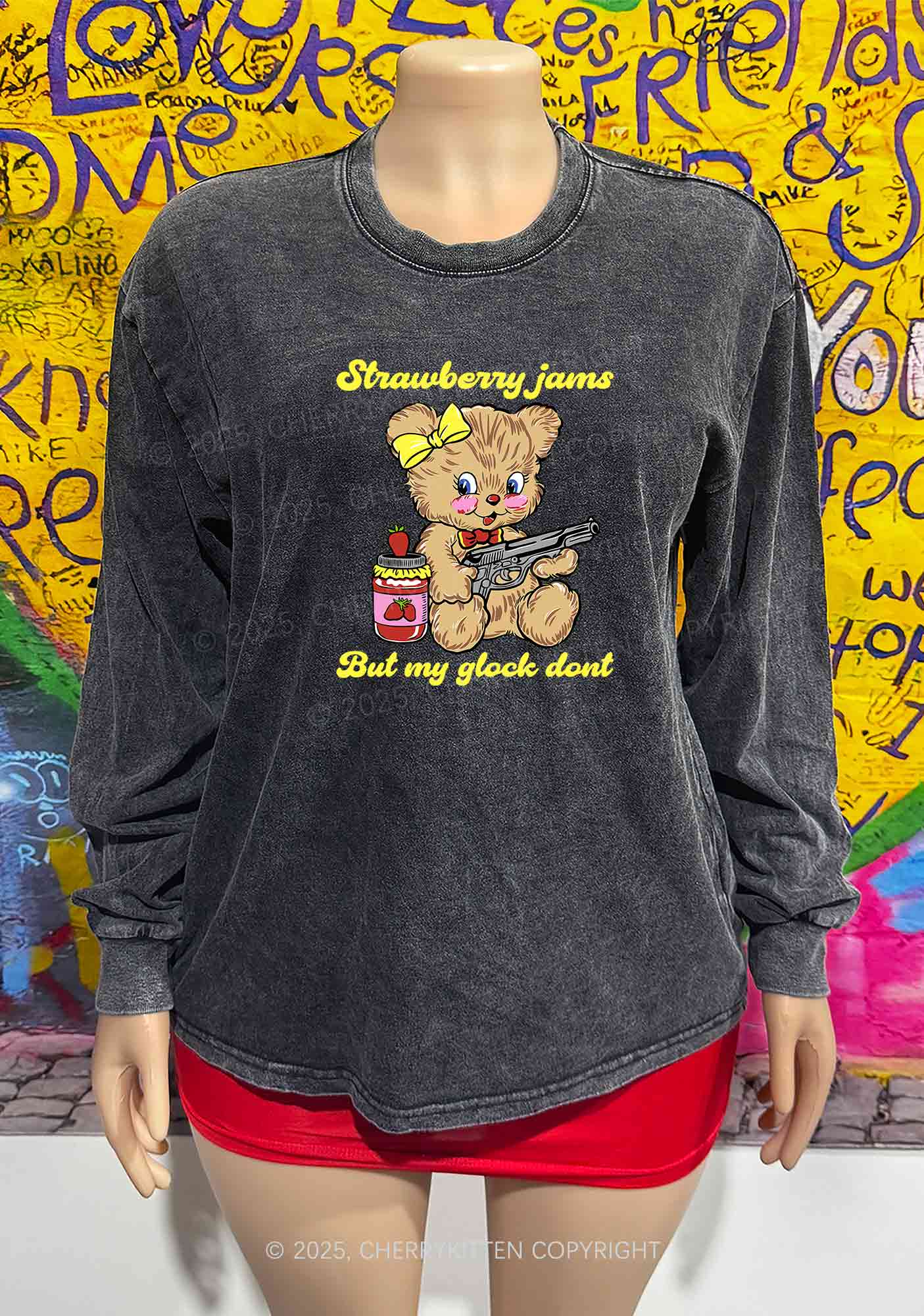 Strawberry Jams Bear Y2K Washed Long Sleeves Cherrykitten