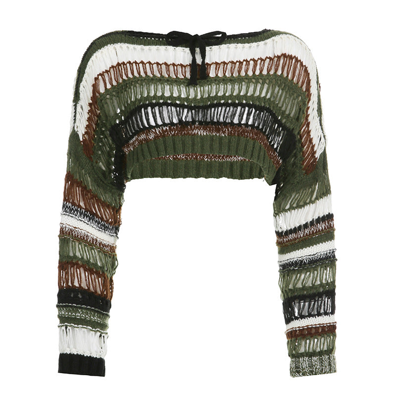Striped Cutout Loose Knit Crop Top Cherrykitten