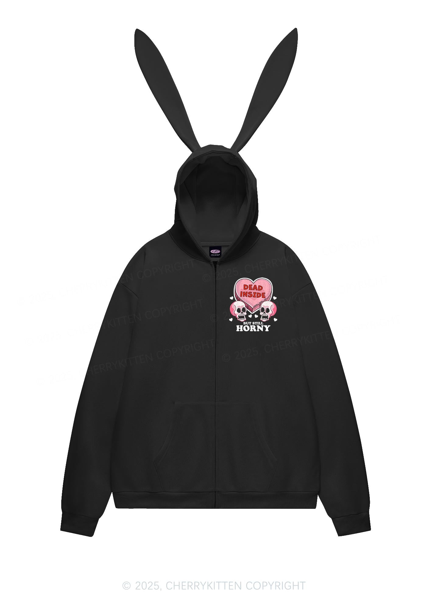 Halloween Dead Inside But Still Horxy Y2K Bunny Ear Zip Hoodie Cherrykitten