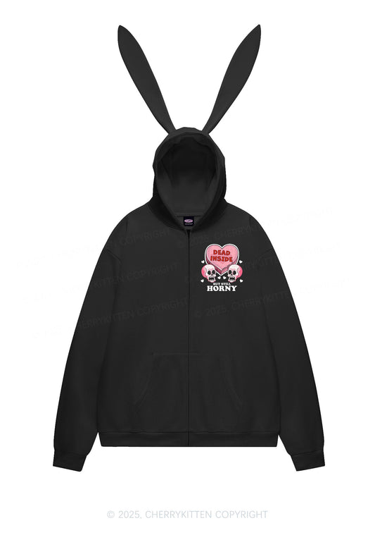 Halloween Dead Inside But Still Horxy Y2K Bunny Ear Zip Hoodie Cherrykitten