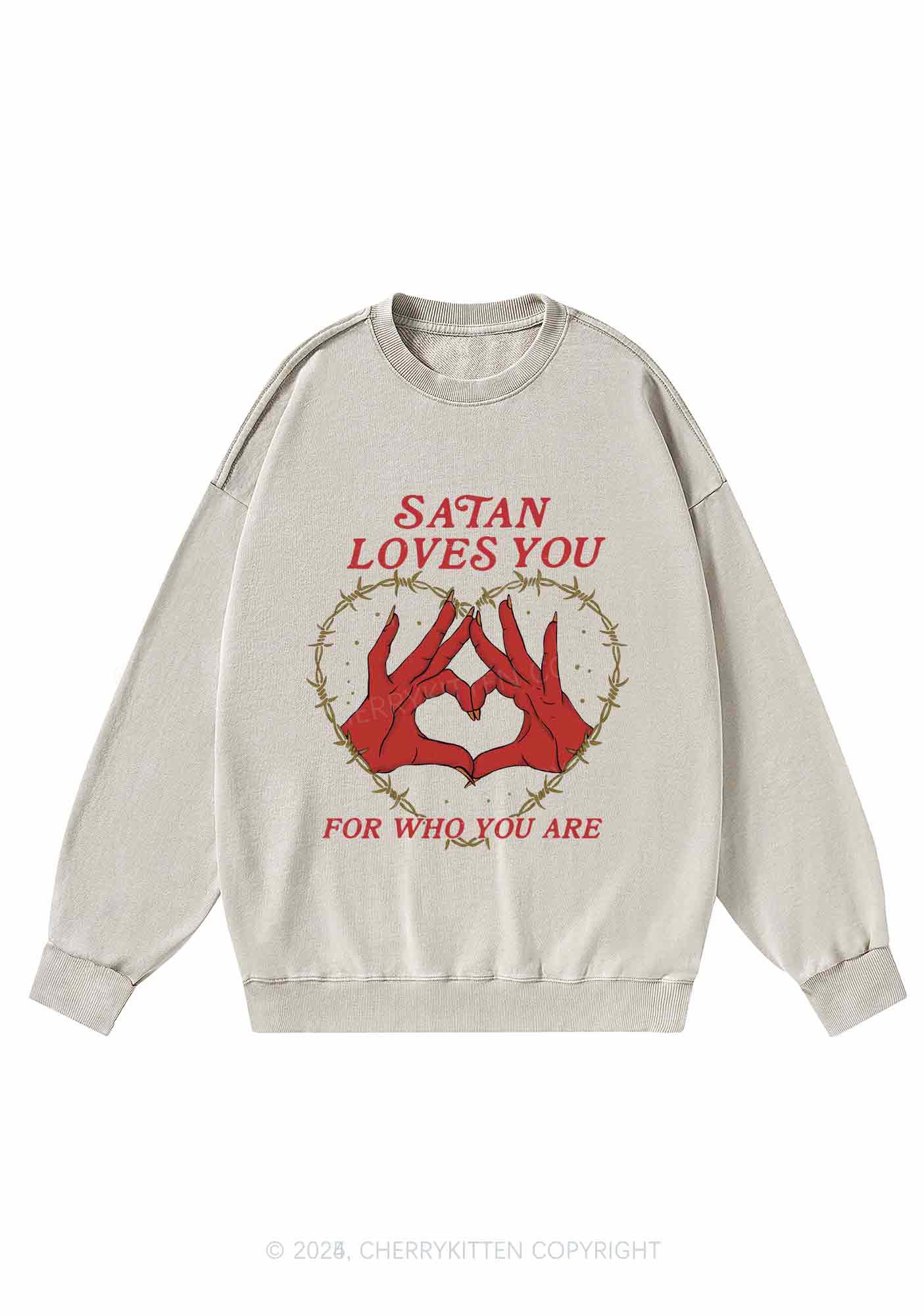 Halloween Satan Loves You Heart Y2K Washed Sweatshirts Cherrykitten