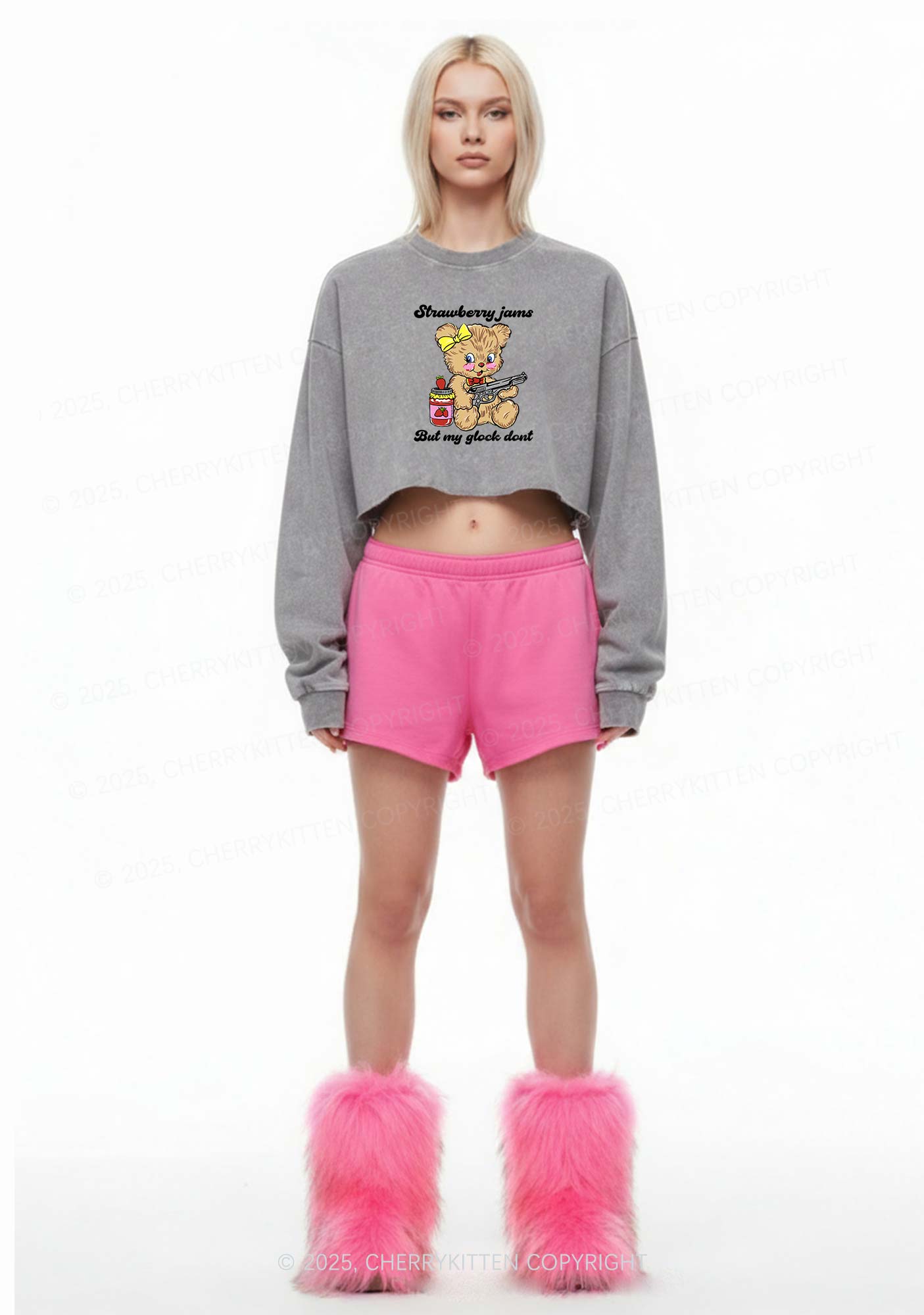 Strawberry Jams Bear Y2K Crop Washed Sweatshirts Cherrykitten