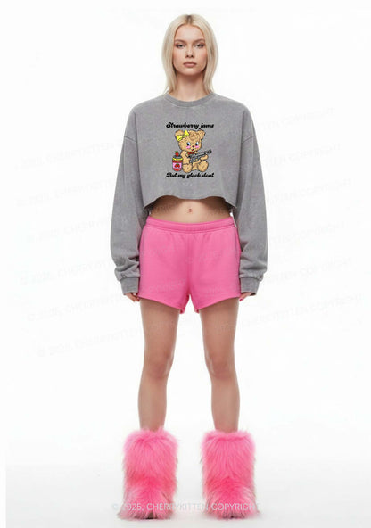 Strawberry Jams Bear Y2K Crop Washed Sweatshirts Cherrykitten