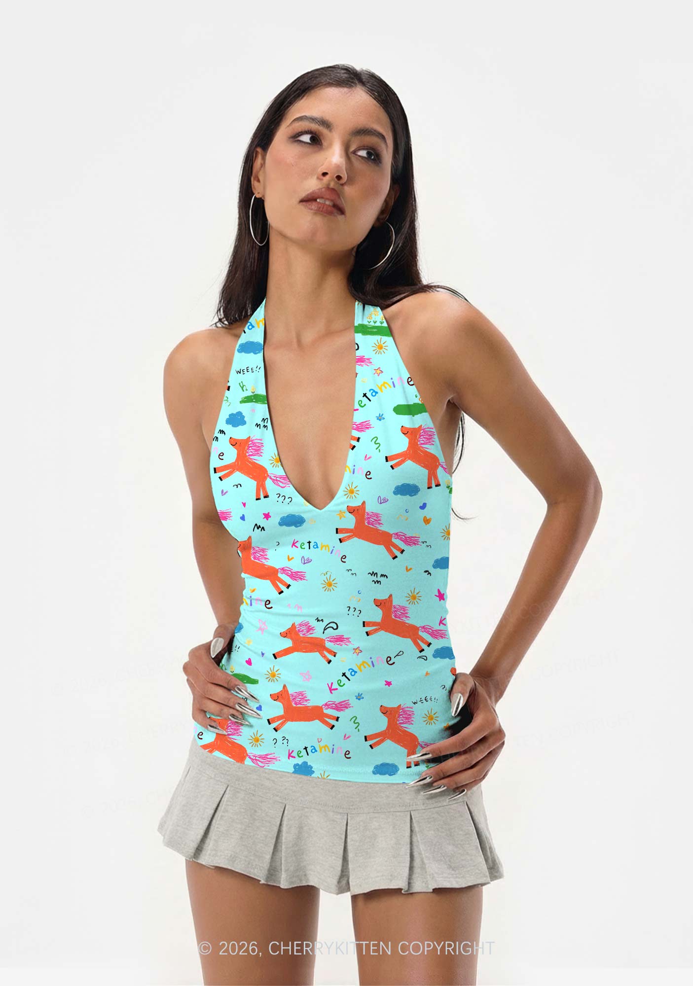 Orange Pony On Mint Green Y2K Print Halter Deep V Neck Cami Cherrykitten