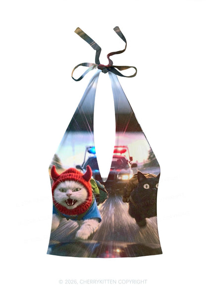 Halloween Chase Cat Y2K Print Halter Deep V Neck Cami Cherrykitten