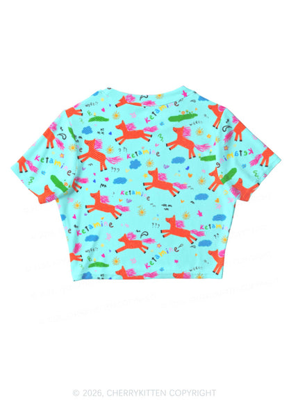 Orange Pony On Mint Green Y2K Mesh Crop Top Cherrykitten
