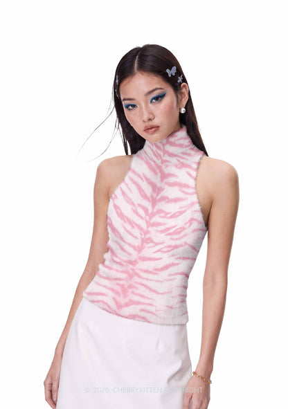 Pink Tiger Stripe Y2K Knit Turtleneck Tank Top Cherrykitten