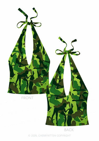 Green Camo Women Figure Y2K Print Halter Deep V Neck Cami Cherrykitten