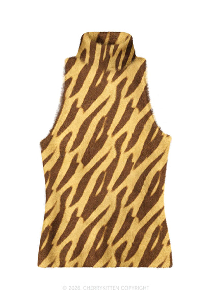 Khaki Tiger Stripe Y2K Knit Turtleneck Tank Top Cherrykitten