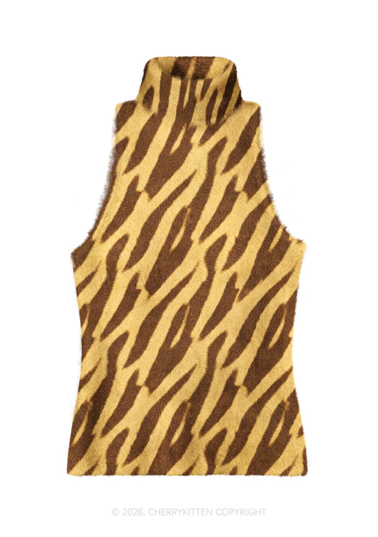 Khaki Tiger Stripe Y2K Knit Turtleneck Tank Top Cherrykitten