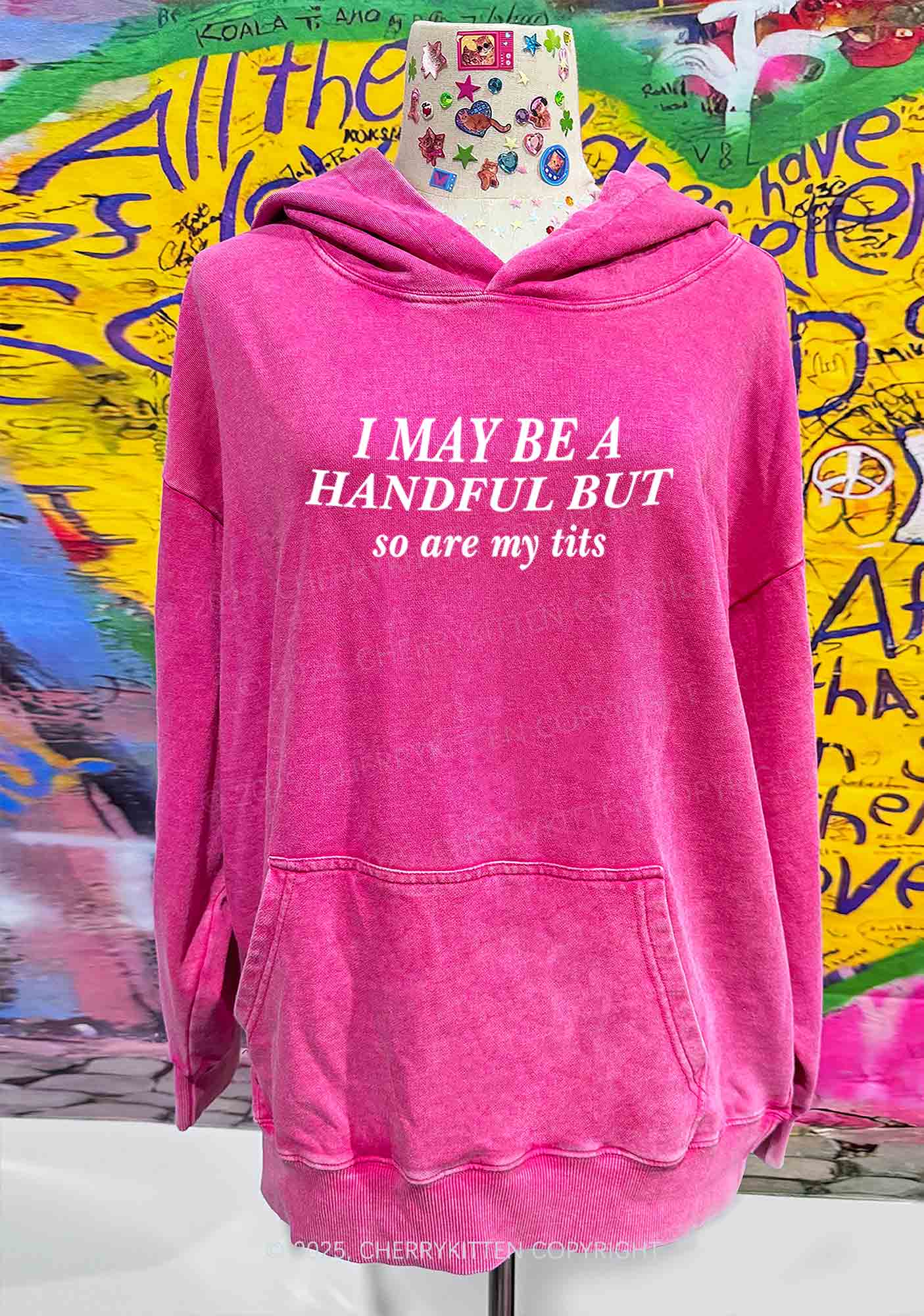 I May Be A Handful Y2K Washed Hoodie Cherrykitten