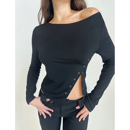 Slanted Shoulder Slit Long Sleeve Solid Color Top Cherrykitten