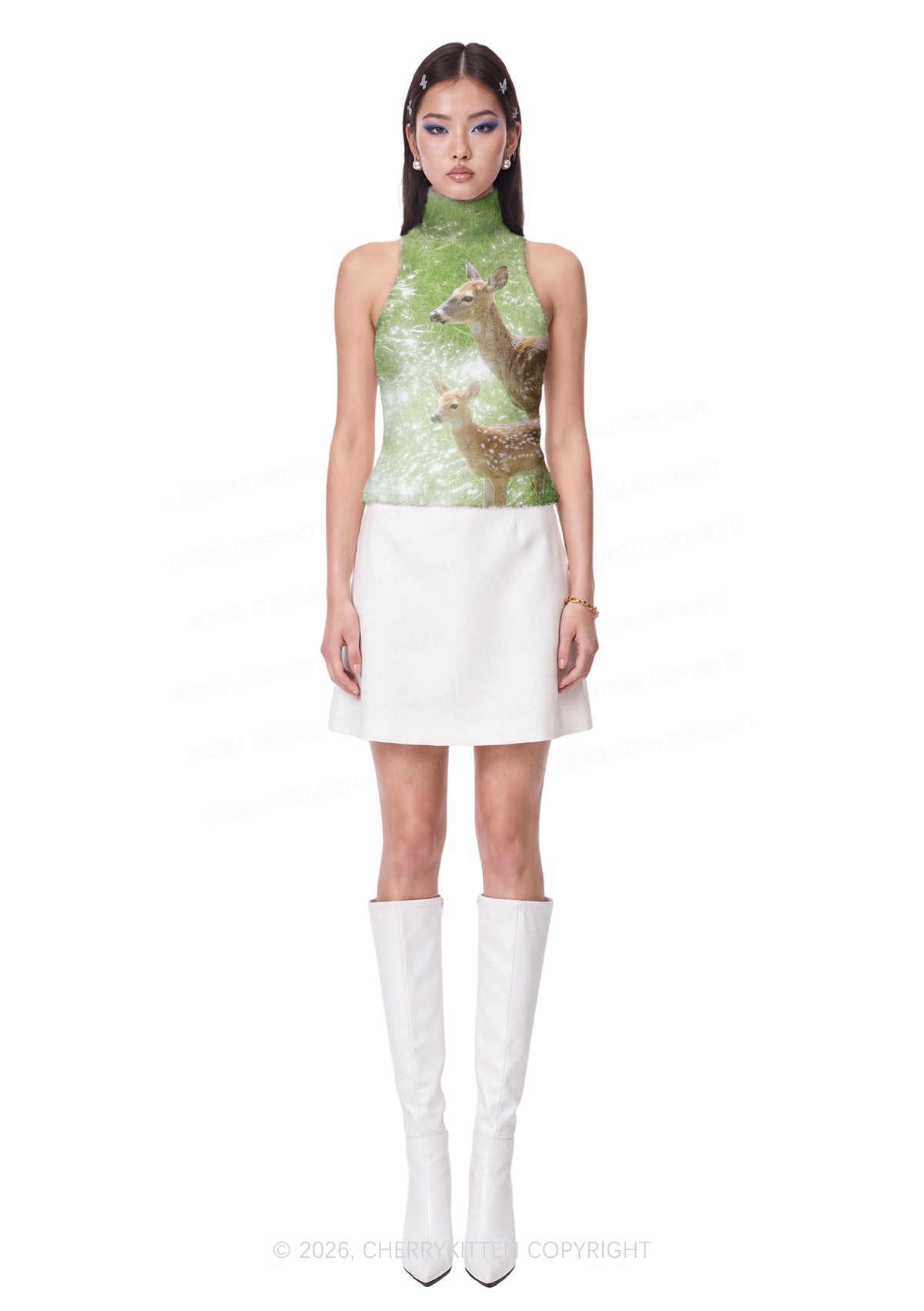 Forest Deer Family Y2K Knit Turtleneck Tank Top Cherrykitten