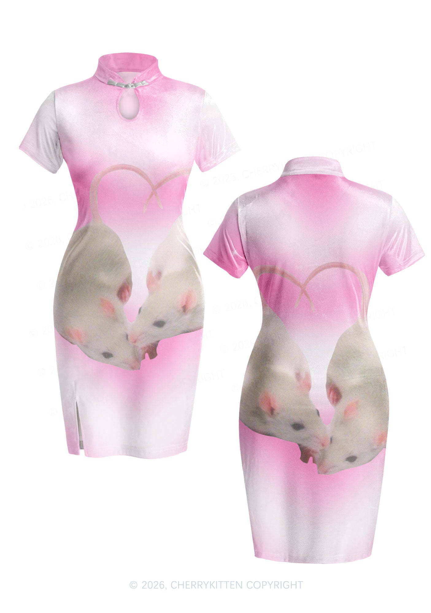 Pink Sweet Rats Valentine's Day Y2K Cheongsam Mini Dress Cherrykitten