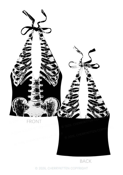 Halloween Anatomical Pelvis Y2K Print Halter Deep V Neck Cami Cherrykitten