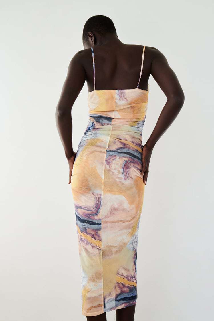Printed Pleated Tulle Slip Dress
