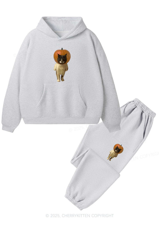 Halloween Pumpkin Head Cat Y2K Fleece Hoodie Set Cherrykitten