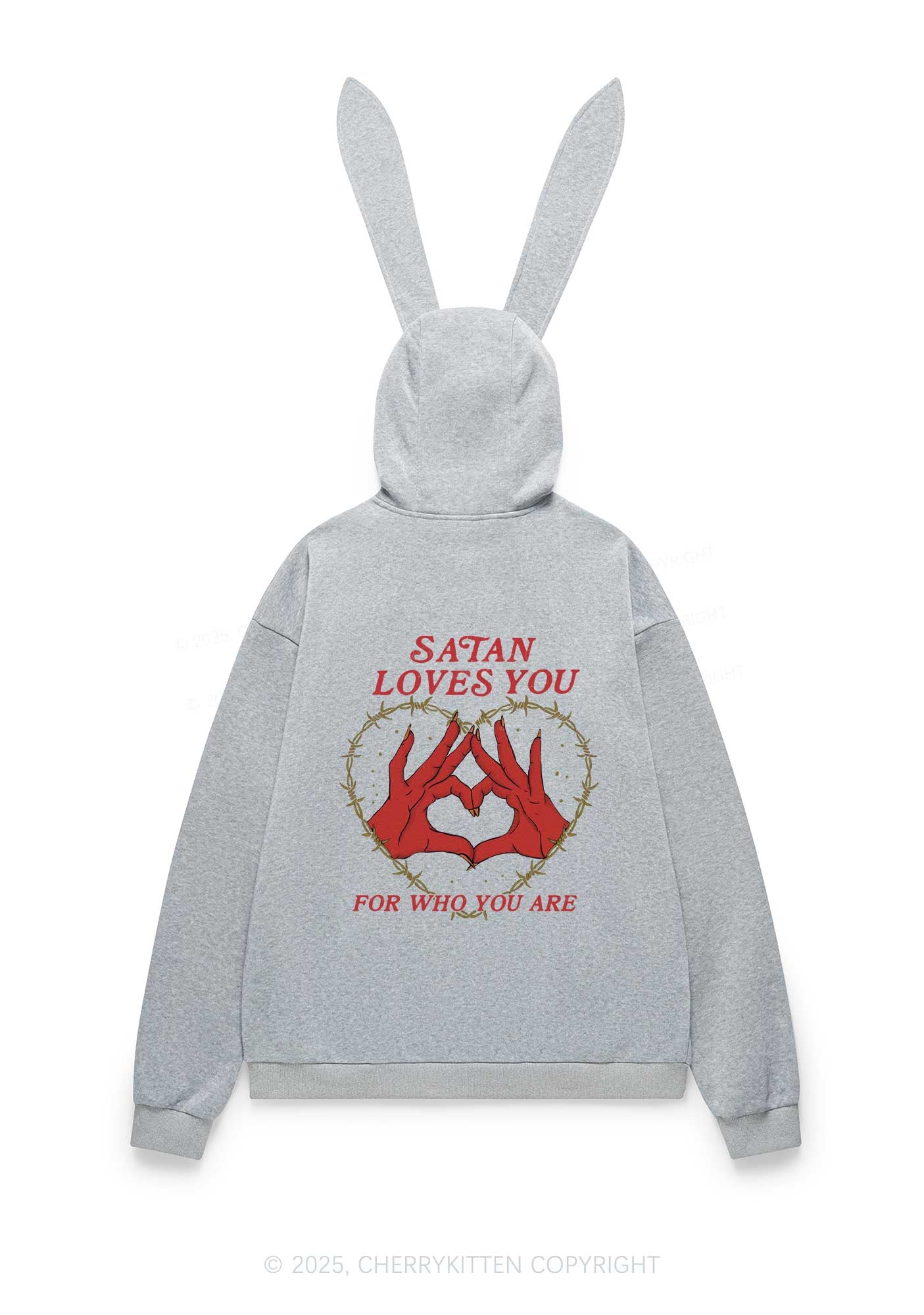 Halloween Satan Loves You Heart Y2K Bunny Ear Zip Hoodie Cherrykitten