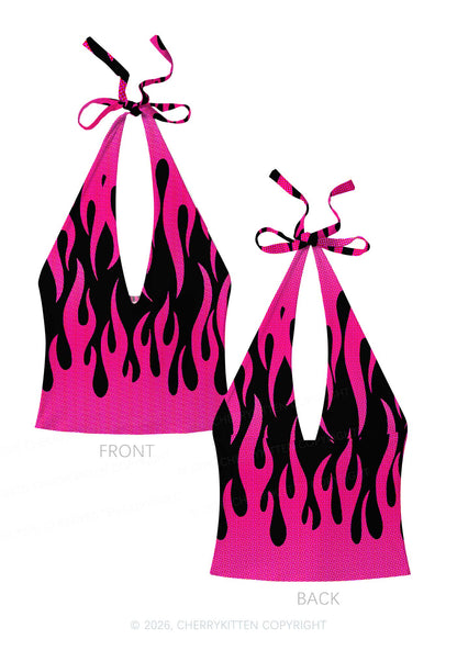Hot Pink Flame Y2K Print Halter Deep V Neck Cami Cherrykitten