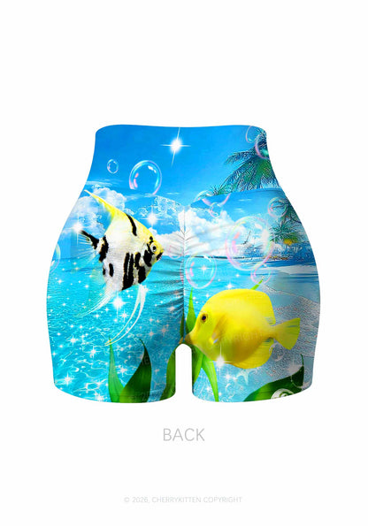 Tropical Fish Y2K Print Gym Shorts Cherrykitten