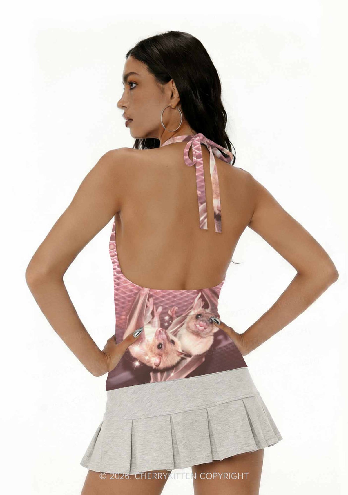 Halloween Two Baby Bats Y2K Print Halter Deep V Neck Cami Cherrykitten