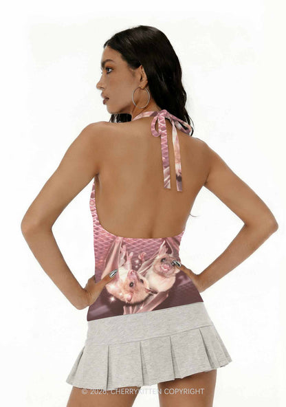 Halloween Two Baby Bats Y2K Print Halter Deep V Neck Cami Cherrykitten