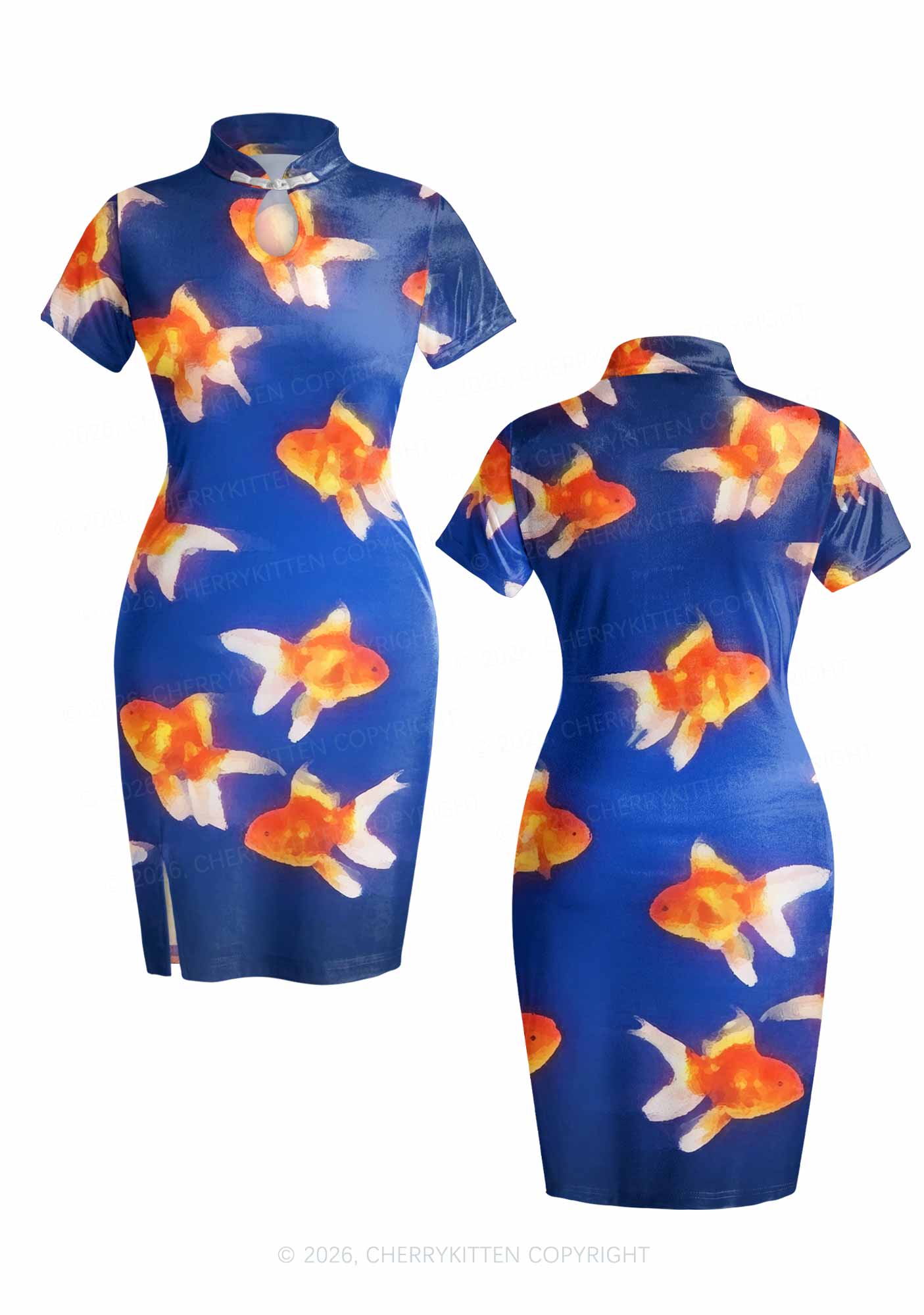 Goldfish On Blue Y2K Cheongsam Mini Dress Cherrykitten
