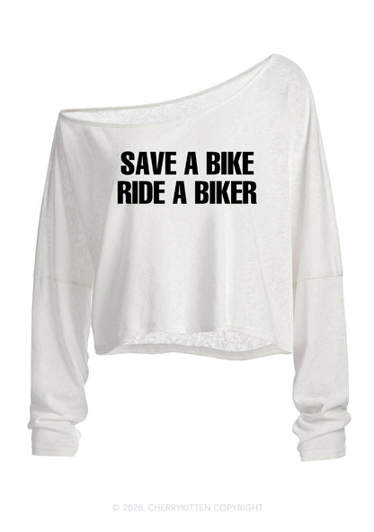 Save Bike Ride Biker Y2K Off Shoulder Long Sleeve Crop Top Cherrykitten