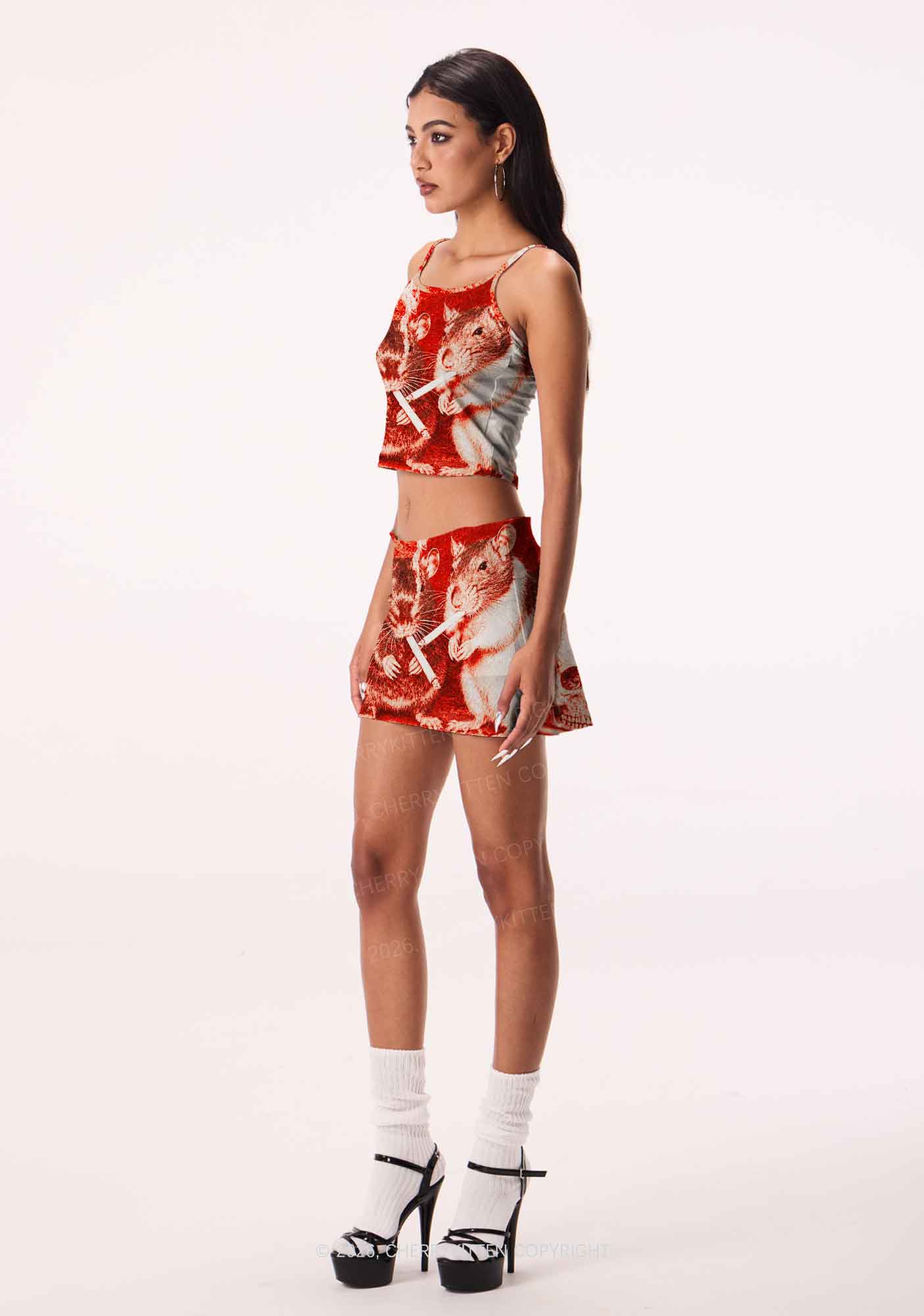 Halloween Blood Smoking Ratz Y2K Print Mini Skirt Cherrykitten