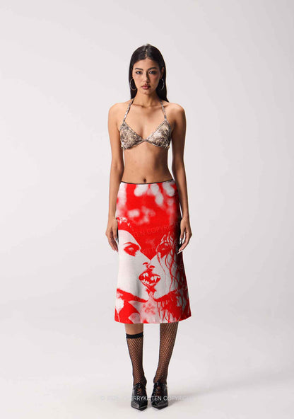 Halloween Red Pixels Vampire Couple Y2K Print Midi Skirt Cherrykitten