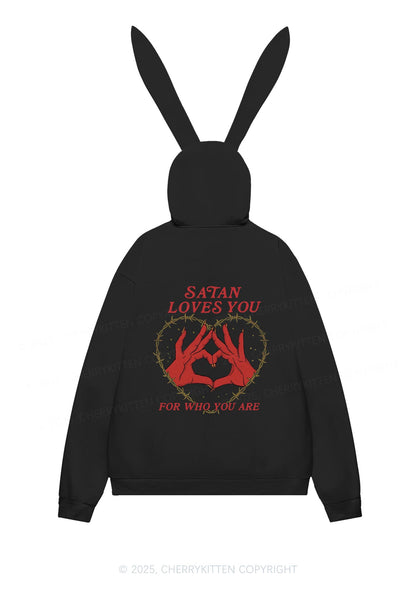 Halloween Satan Loves You Heart Y2K Bunny Ear Zip Hoodie Cherrykitten