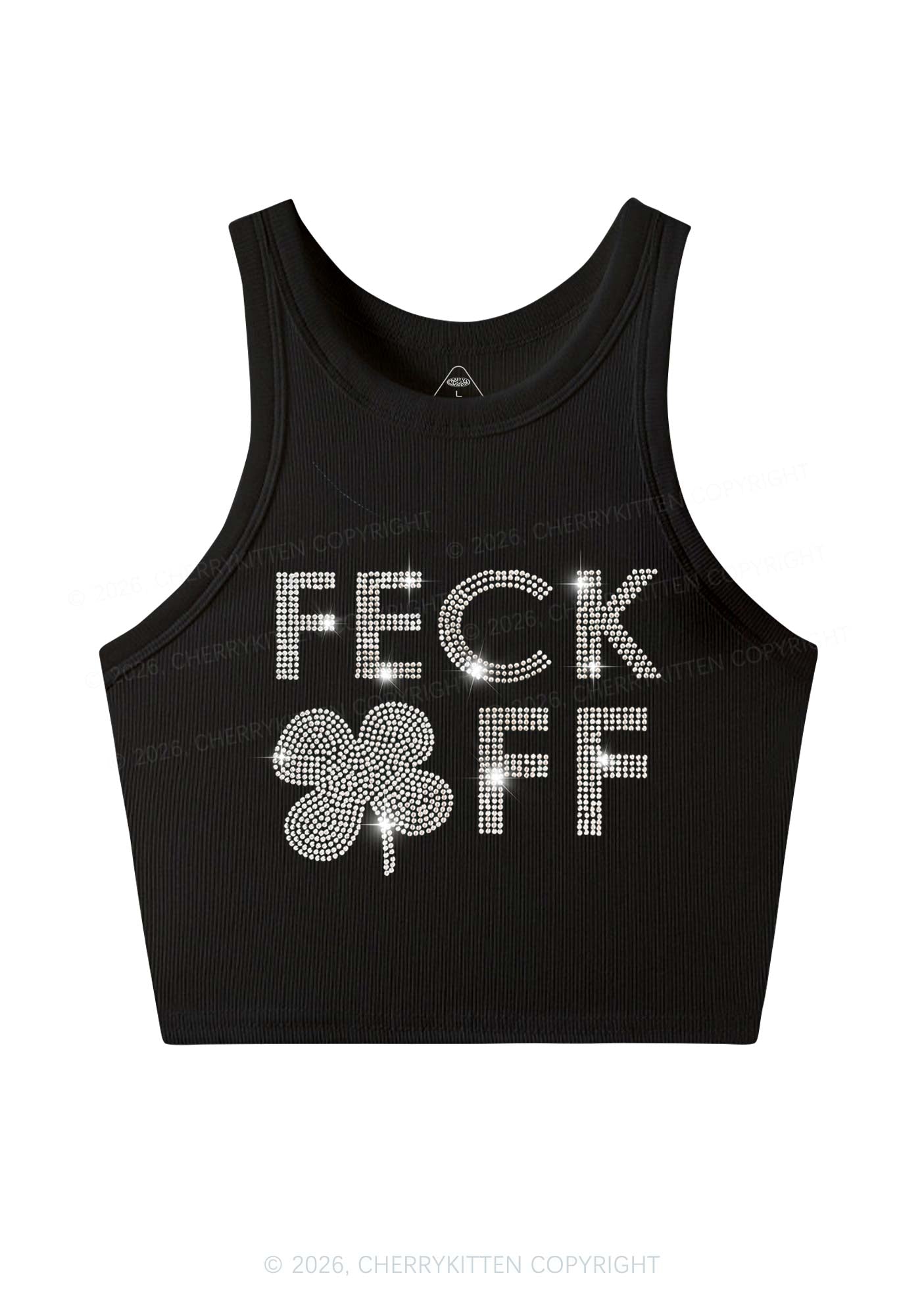 Rhinestone Feck Off St Patricks Y2K Crop Tank Top Cherrykitten