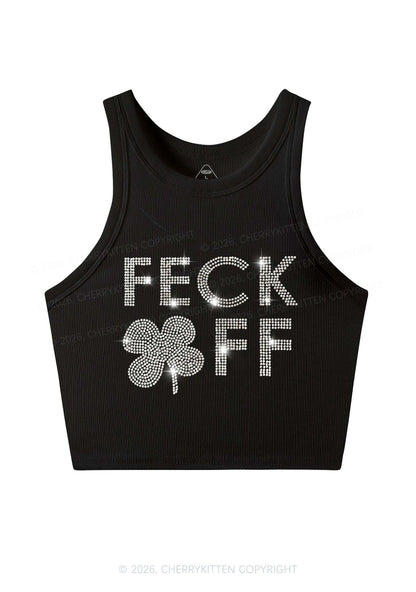 Rhinestone Feck Off St Patricks Y2K Crop Tank Top Cherrykitten