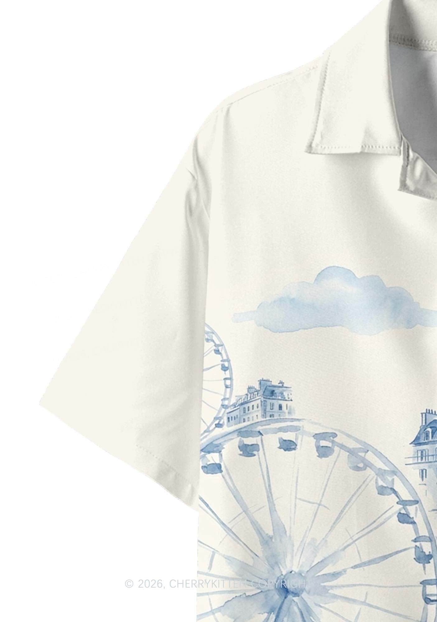 Blue Watercolor Cityscape Ferris Wheel Y2K Print Hawaiian Shirt Cherrykitten