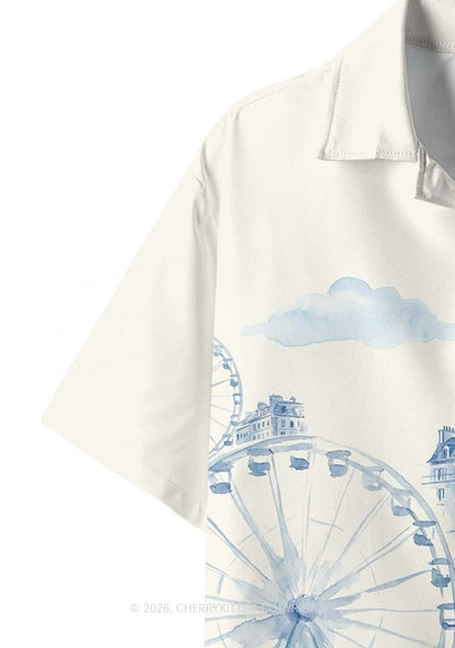 Blue Watercolor Cityscape Ferris Wheel Y2K Print Hawaiian Shirt Cherrykitten