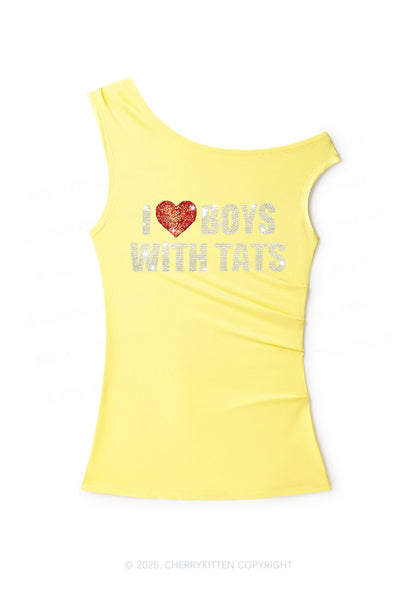Rhinestone I Love Boys With Tats Y2K Off Shoulder Tank Top Cherrykitten