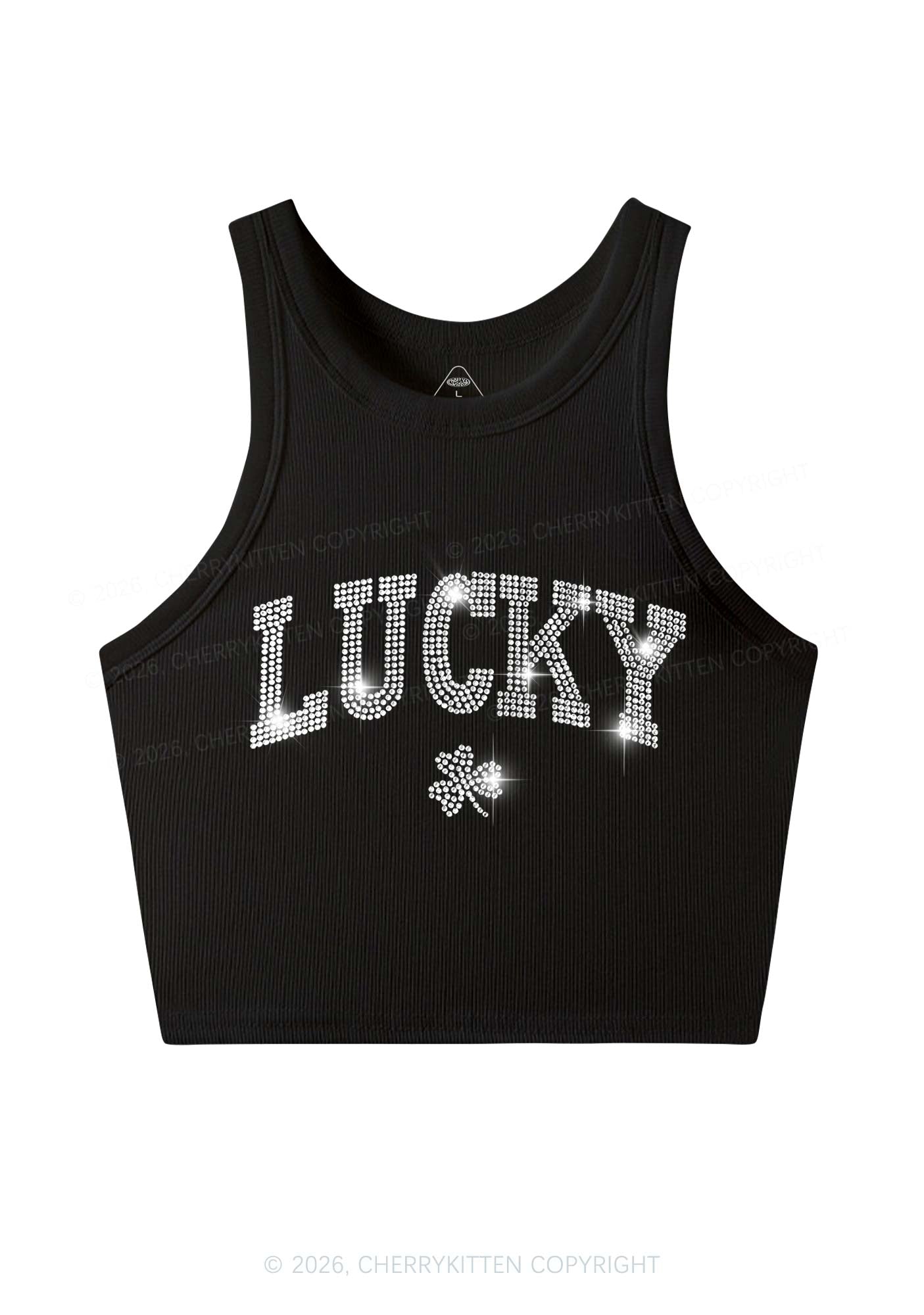 Rhinestone Lucky Shamrock St Patricks Y2K Crop Tank Top Cherrykitten