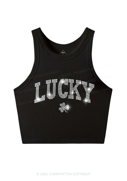Rhinestone Lucky Shamrock St Patricks Y2K Crop Tank Top Cherrykitten