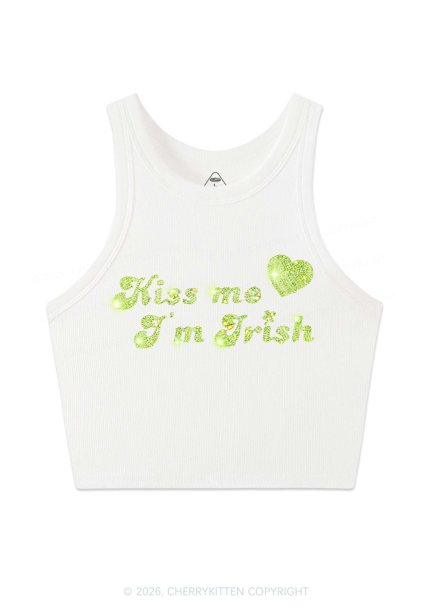 Rhinestone Kiss Me St Patricks Y2K Crop Tank Top Cherrykitten