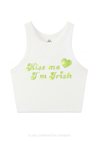 Rhinestone Kiss Me St Patricks Y2K Crop Tank Top Cherrykitten