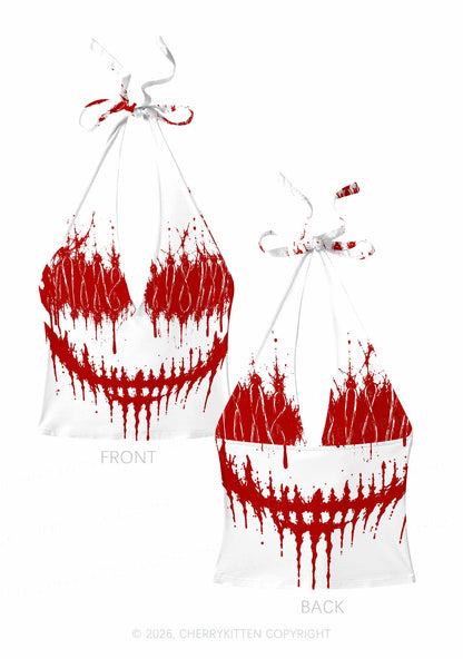 Halloween Blood Drip Face Y2K Print Halter Deep V Neck Cami Cherrykitten