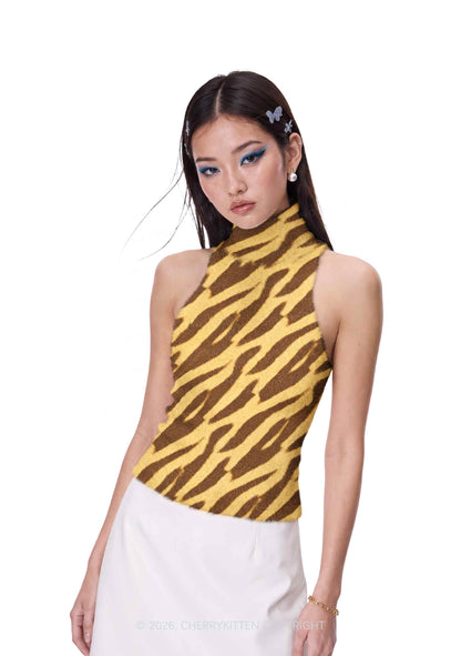 Khaki Tiger Stripe Y2K Knit Turtleneck Tank Top Cherrykitten