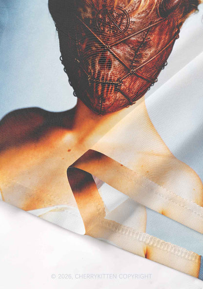Halloween Demon Mask Woman Y2K Mesh Crop Top Cherrykitten