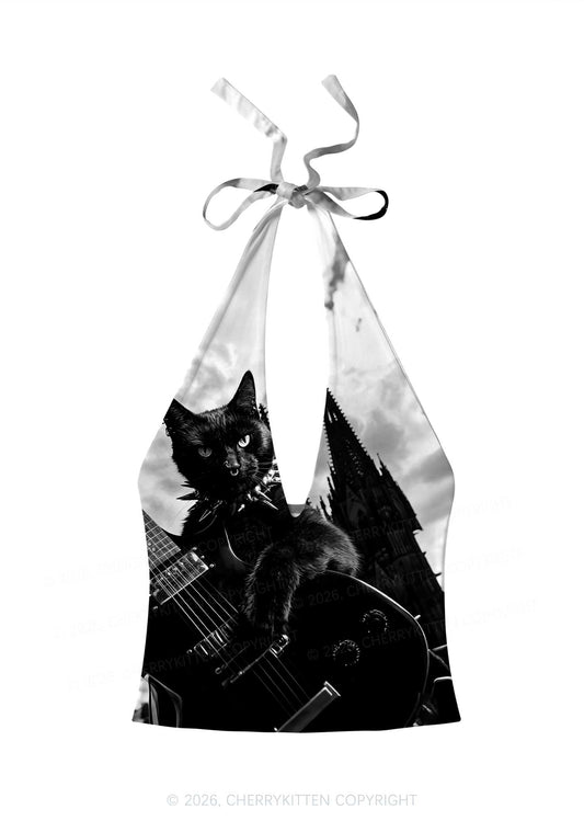 Halloween Guitar Black Cat Y2K Print Halter Deep V Neck Cami Cherrykitten