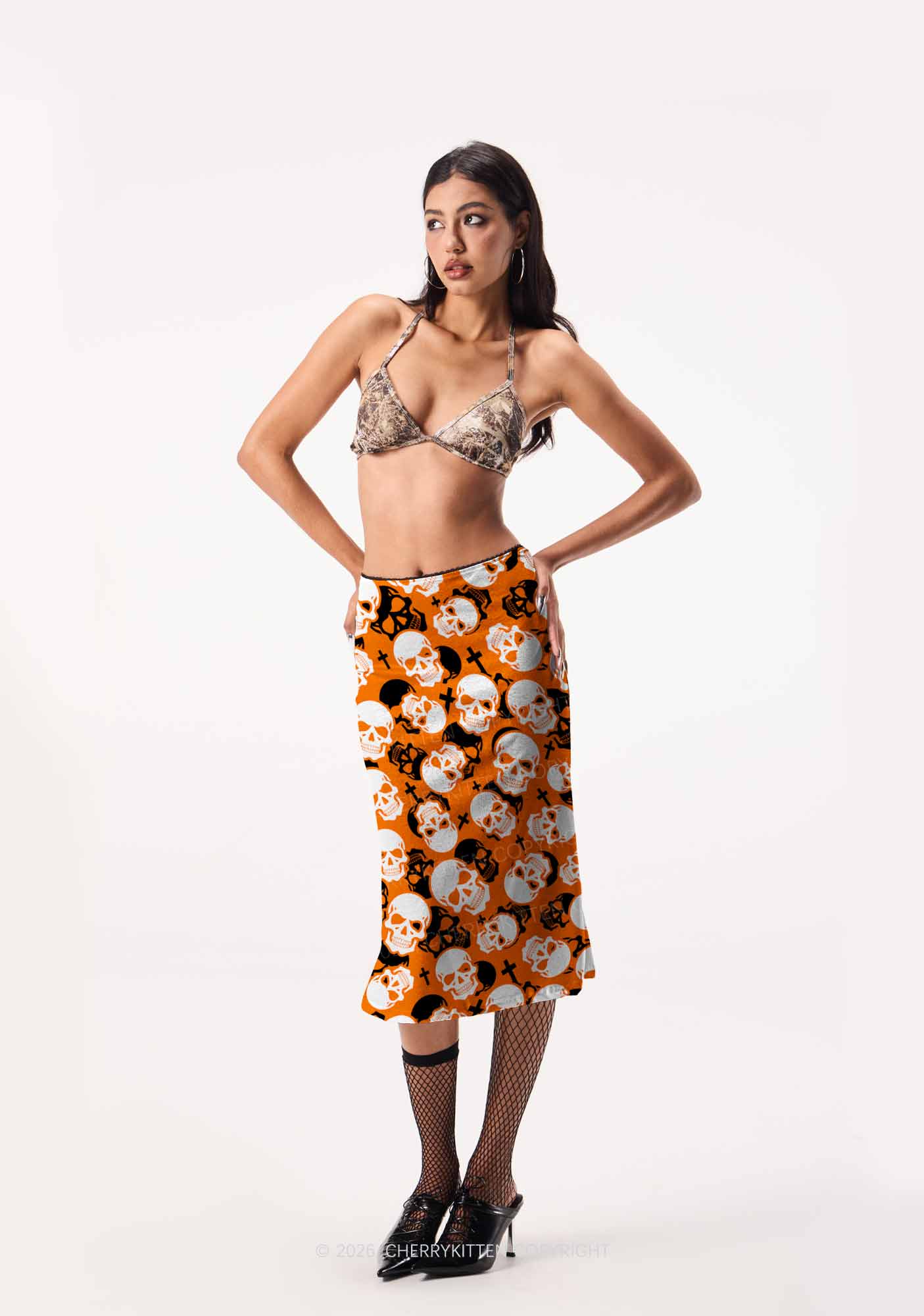 Halloween Orange Skull Cross Y2K Print Midi Skirt Cherrykitten