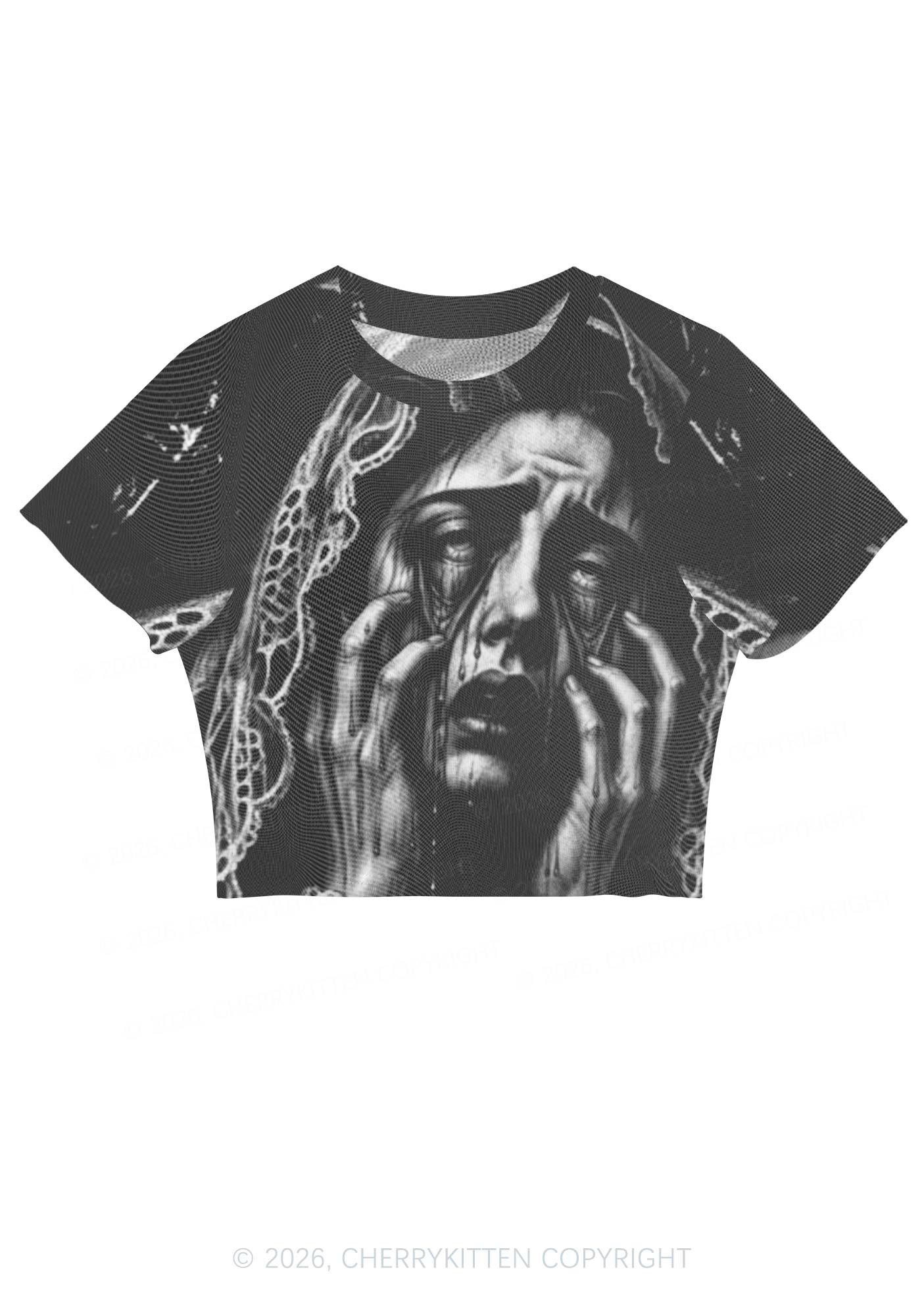 Halloween Veiled Crying Woman Y2K Mesh Crop Top Cherrykitten